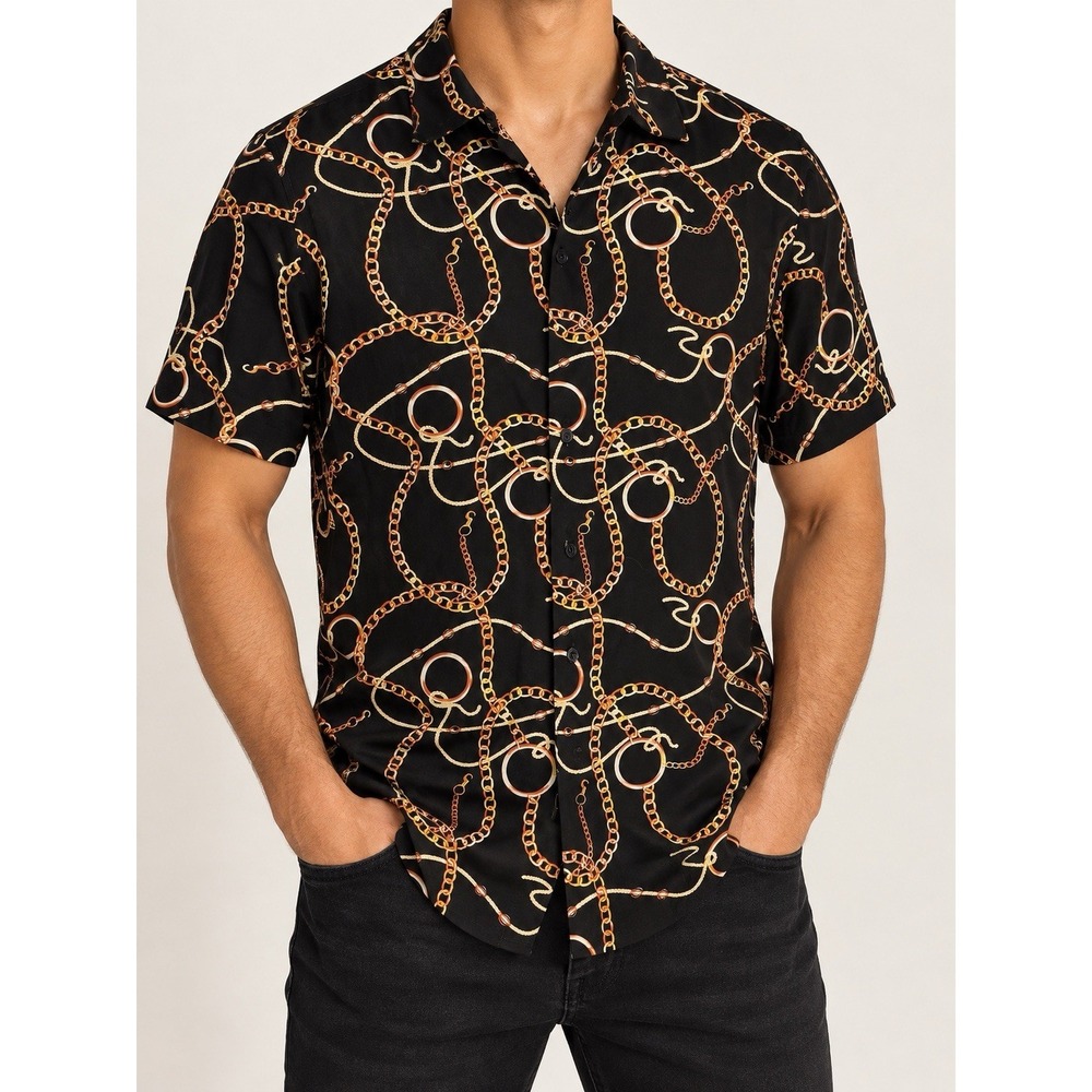 Denim & Flower Ricky Singh Mens S Black Gold Chain Print Viscose Button Up